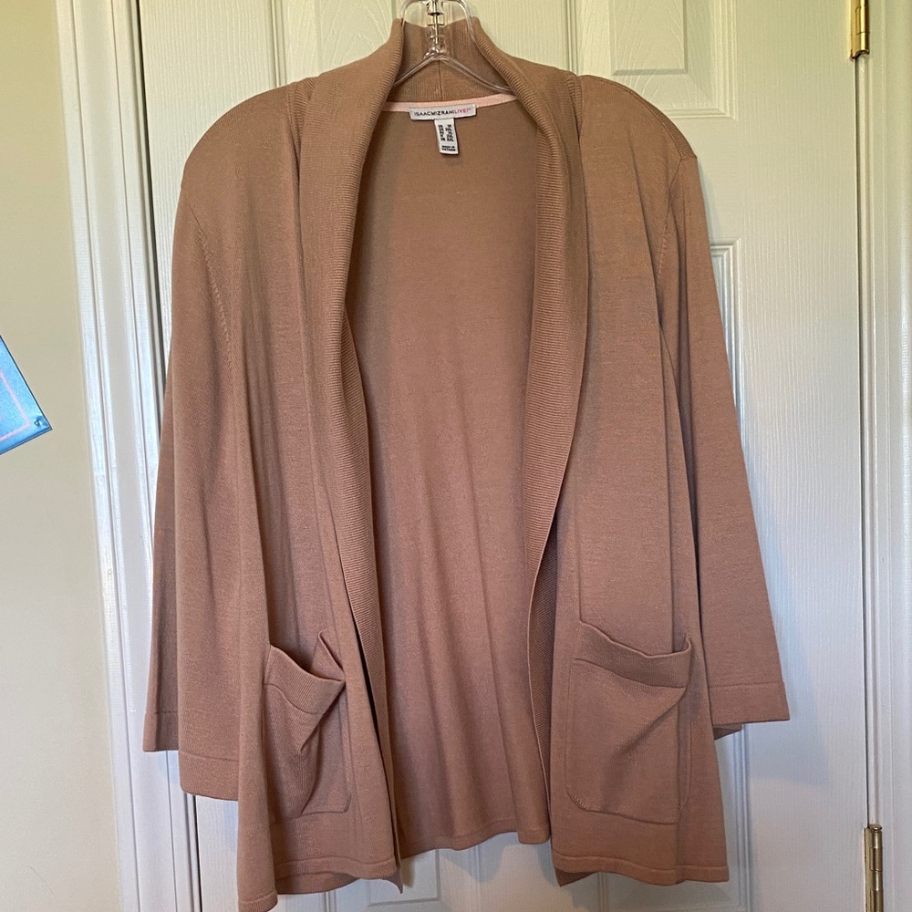 Isaac Mizrahi Open-Front shawlCollar Cardigan in Camel